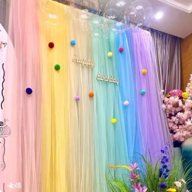 多巴胺纱幔椅背纱瑞士纱婚礼装饰纱结婚吊顶彩虹网纱拍照背景道具