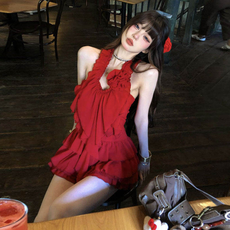 立体花朵荷叶边挂脖背心女夏季独特绝美套装纯欲红色半身裙两件套