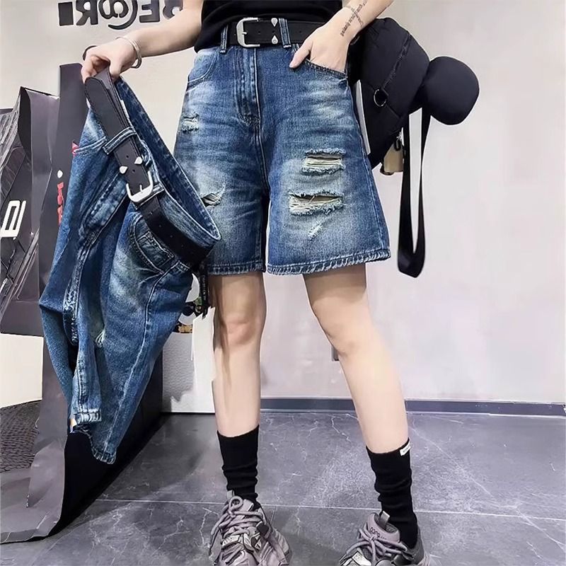 大码女装2025夏季新款高腰破洞牛仔短裤胖mm宽松显瘦中裤五分裤子