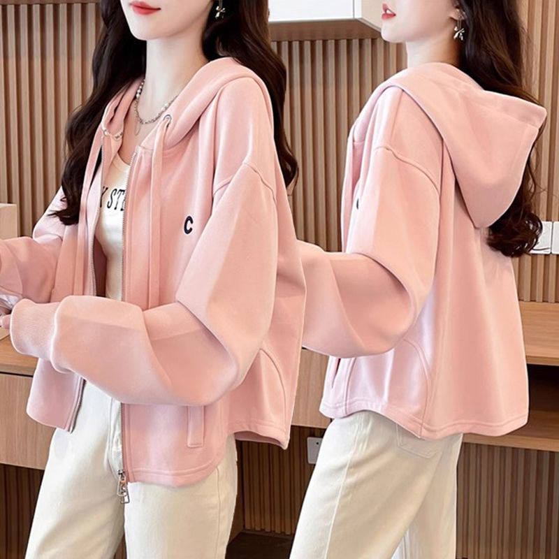 大码胖mm春秋薄款短款卫衣女小个子洋气独特别致连帽拉链上衣外套