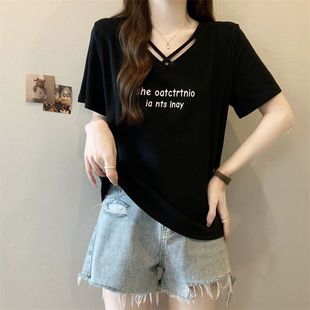 短袖 新款 大码 T恤女夏季 上衣 纯棉宽松设计显瘦ins潮时尚 胖mm半袖