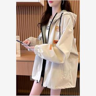 原宿风工装外套春秋新款韩版百搭高中生大码中长款连帽薄开衫女