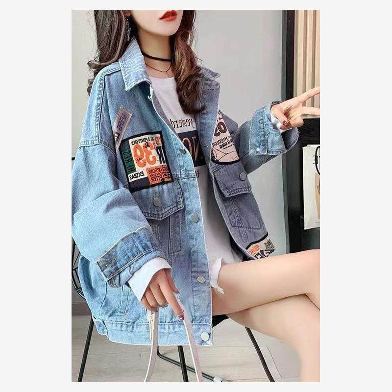 春秋2023年新款重工印花大码200斤牛仔外套胖mm女宽松韩版夹克衣