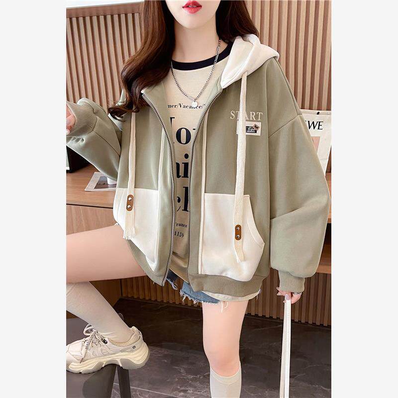 撞色休闲开衫外套女春秋季2024新款连帽宽松小个子学生薄款卫衣潮