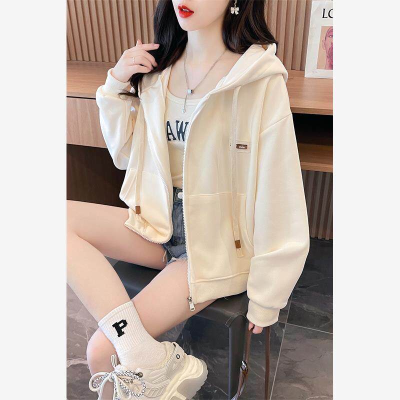 慵懒风连帽卫衣女春秋季韩版宽松小个子薄款休闲百搭拉链开衫外套