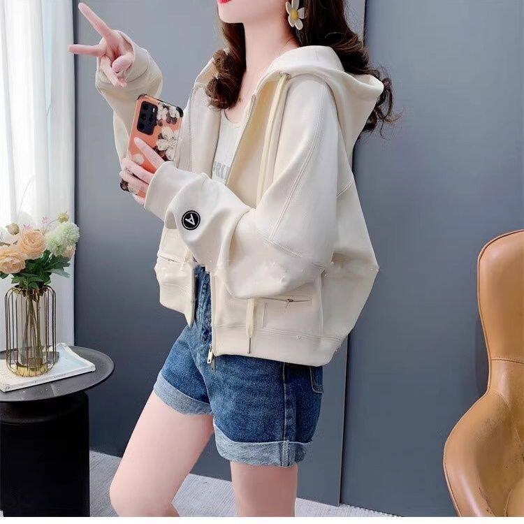 早秋小个子外套女2024秋冬韩版宽松大码加绒百搭学生短款开衫卫衣