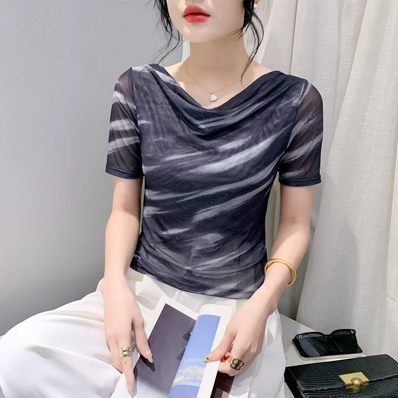 时尚印花网纱打底衫女士2025年夏装新款洋气修身上衣荡领短袖t恤