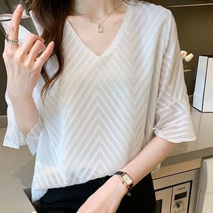 2025春夏季 上衣 女韓系寬松顯瘦短袖 氣質(zhì)淑女設(shè)計紗網(wǎng)拼接雪紡襯衫