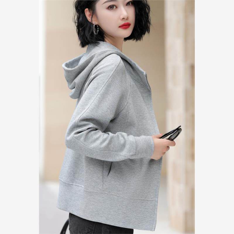 2024秋装新款薄款大码拉链连帽外套中年棉上衣长袖女开衫带帽卫衣
