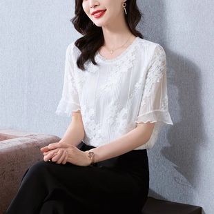 上衣女宽松显瘦设计感小衫 2025夏季 甜美洋气减龄蕾丝短袖 新款 时尚