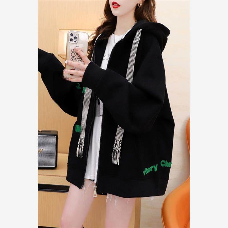 春秋新款薄款卫衣女200斤大码韩版宽松设计感连帽开衫慵懒风外套