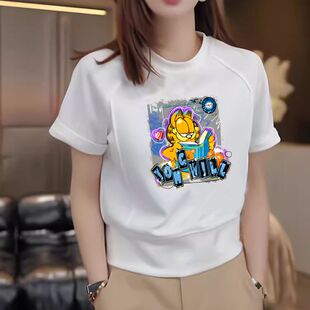 t恤女正肩外穿夏新休闲宽松遮肉修身 纯棉短袖 显瘦白色印花上衣女