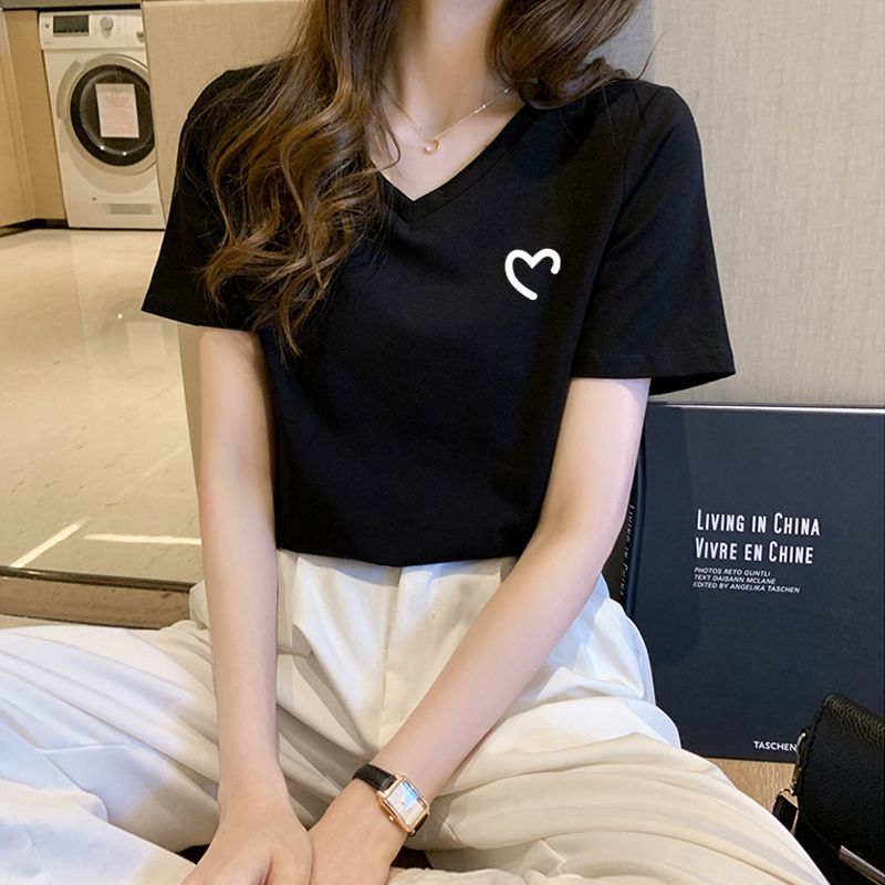 白色正肩纯棉短袖t恤女2025夏季新款v领西装打底内搭爱心印花上衣