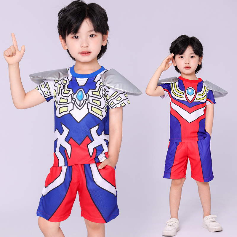 奥特曼衣服男童短袖战甲套装2025新款卡通运动中小童夏季儿童装潮