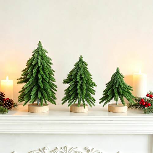Mini Snow Cedar Tree, Round Wood Base Xmas Table Decor