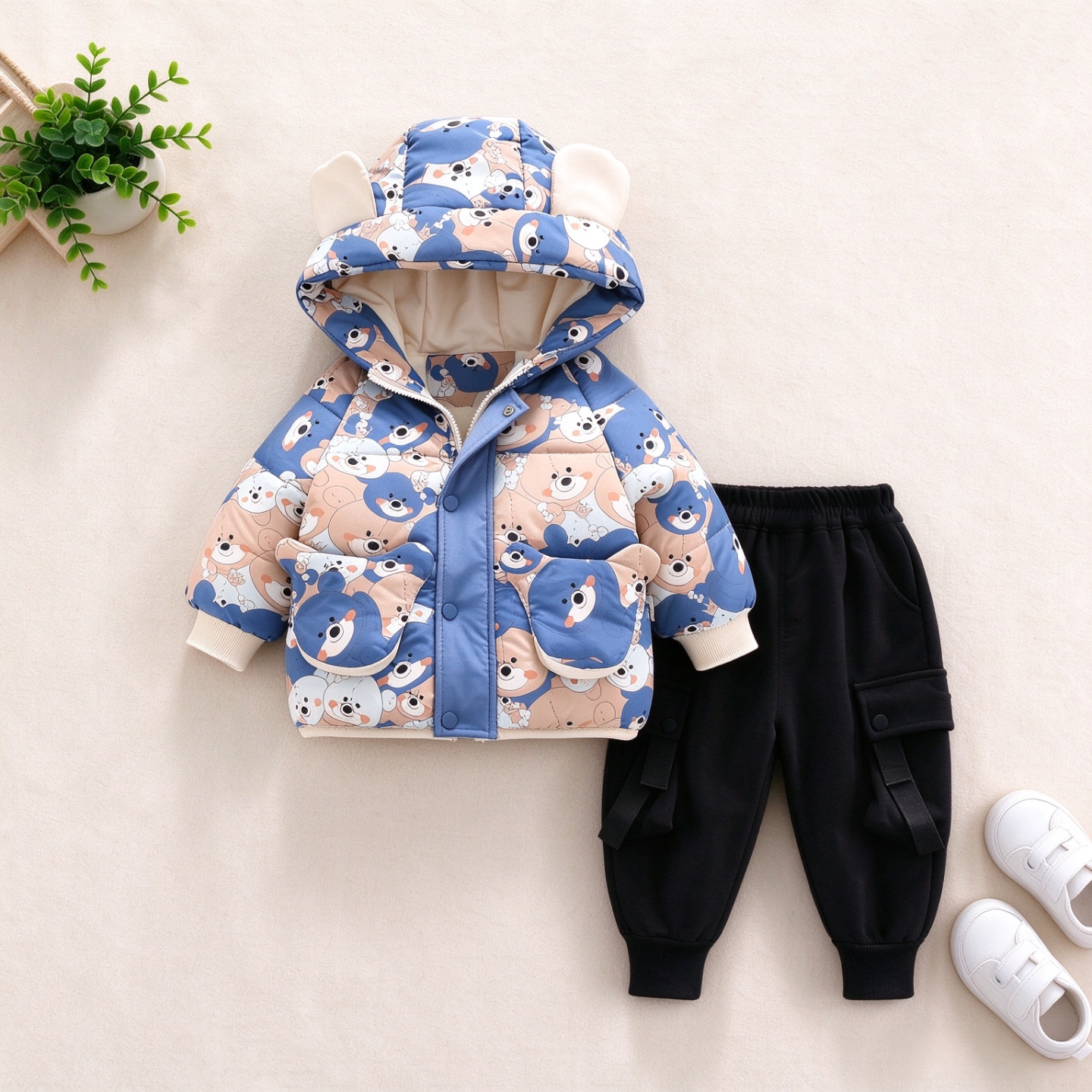 男童加绒加厚小熊棉服两件套