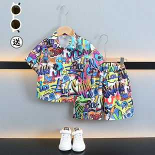 男童卡通涂鸦衬衫套装夏季两件套轻薄短袖短裤宝宝海边度假沙滩服
