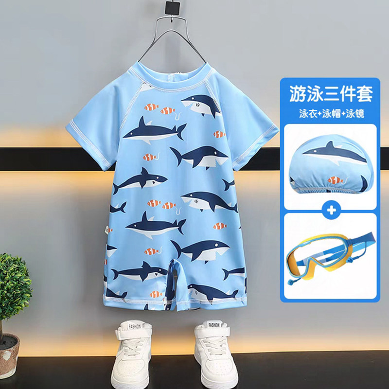 儿童印花连体泳衣男童夏季游泳三件套泳衣泳帽泳镜中小童游泳装备