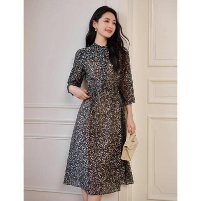 铜氨丝莱赛尔气质连衣裙女2025春夏新款小个子中长款碎花裙子