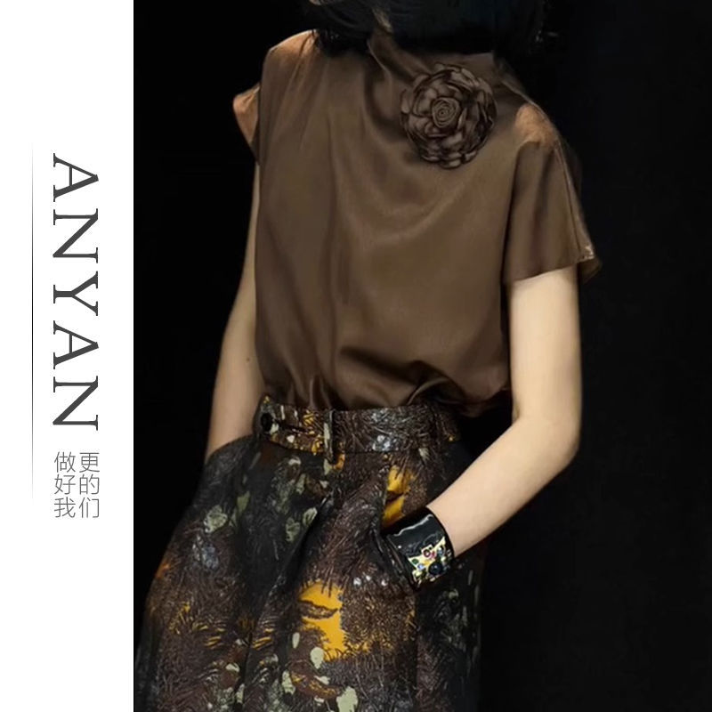 夏季减龄上衣洋派小众显瘦棕色短袖美式复古正肩T恤女装2025新款