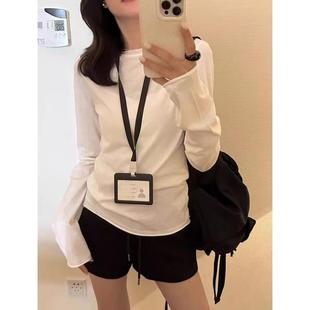 微透纯欲打底上衣白色长袖 圆领卷边薄款 春夏季 防晒T恤女修身 罩衫