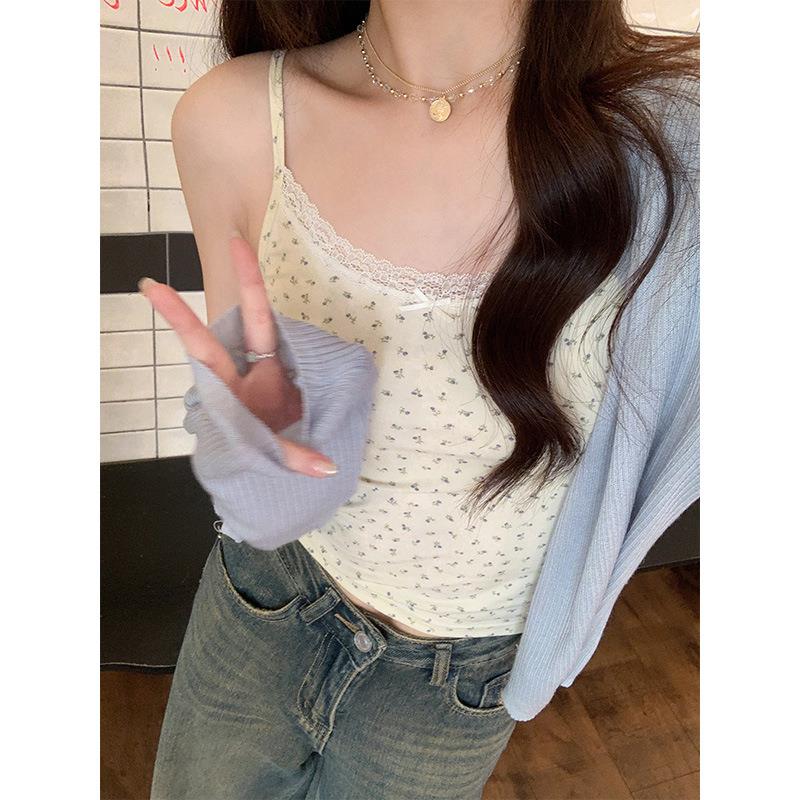 甜美减龄bm小碎花蕾丝背心女夏季修身短款蝴蝶结吊带打底上衣外穿