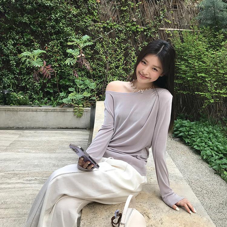 醋酸弹力t恤女2025新款夏季修身显瘦打底衫长袖一字肩上衣G052124
