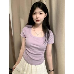 小衫 收腰褶皱弧形下摆正肩短袖 打底上衣韩版 T恤女夏季 甜辣妹短款
