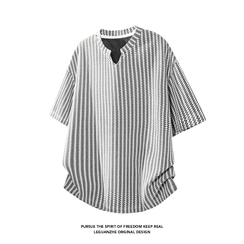 鱼骨纹V领短袖T恤男潮牌高级感落肩袖宽松休闲上衣