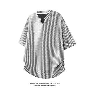 鱼骨纹V领短袖T恤男潮牌高级感落肩袖宽松休闲上衣