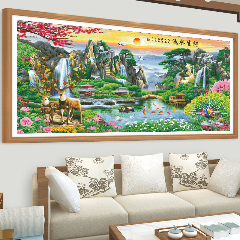2026新款印花十字绣九鱼图客厅风景山水流水生财麋鹿孔雀大格满绣