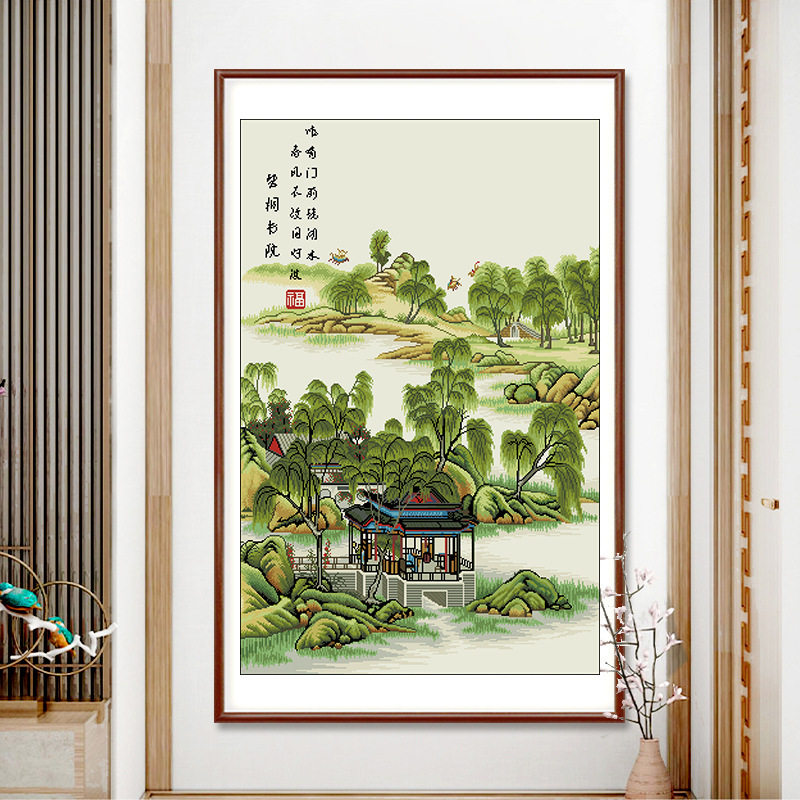 2026新款古绢布印花十字绣名画陈枚山水楼阁图大格满绣自己刺绣画