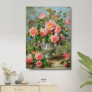 钻石画满钻新款油花花瓶粉玫瑰花卉玄关婚房点贴钻石秀粘砖石绣