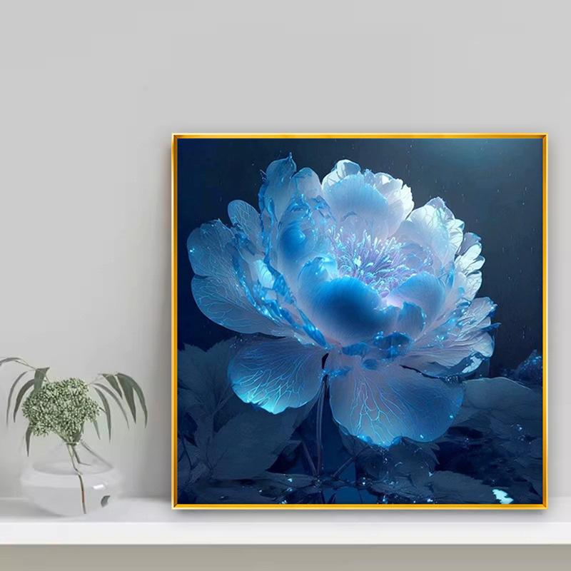 自粘砖石画满钻莲花蓝色牡丹花卉