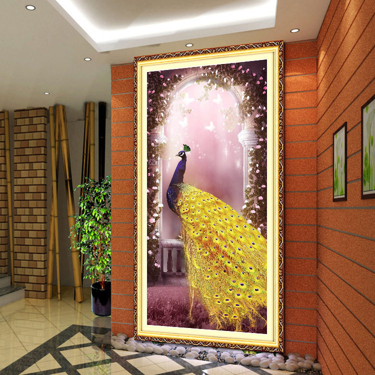 玫瑰花金孔雀竖版满绣2024新款印花十字绣线绣玄关过道自己刺绣画