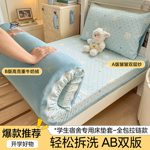 双面四季用全包拉链床垫套A版双层纱B版牛奶绒床褥套学生宿舍床笠