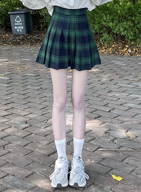 日系学院风绿色格子百褶裙a字复古高腰拉链防走光显瘦半身短裙子