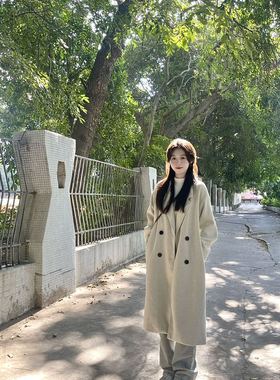 慵懒风高级感米白色毛呢大衣西装领宽松加厚小个子中长款呢子外套