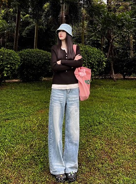 美式复古浅蓝色牛仔裤女直筒百搭休闲阔腿宽松水洗做旧拖地裤子