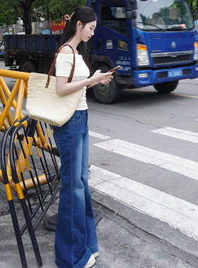 美式复古深色低腰宽松直筒微喇叭牛仔裤轻熟风设计感拖地长裤子