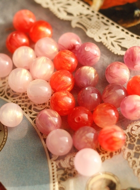 意大利火焰树脂珠1980s欧洲进口中古董光感红粉色串珠子8/10/12mm