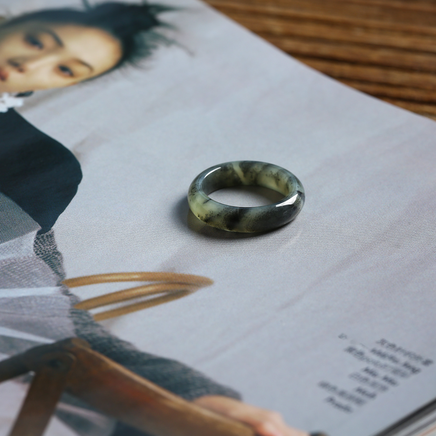 13号戒指 新疆和田玉青花泥鳅背圆弧素圈指环 6705