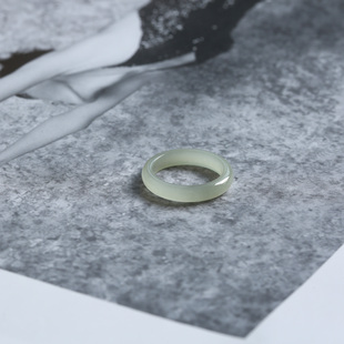 12号戒指 和田玉晴水青白细条素圈指环 2817