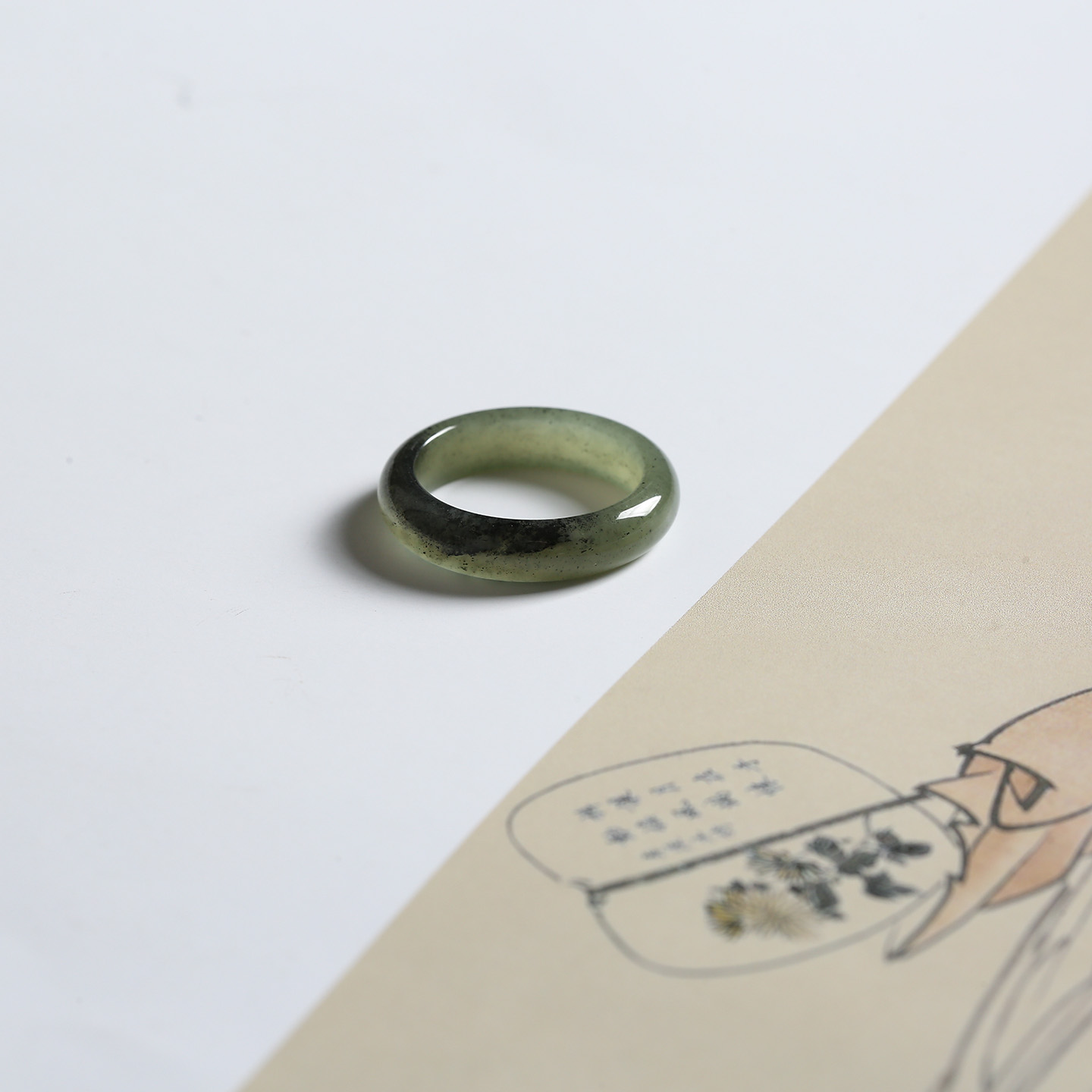 16号戒指 新疆和田玉青花圆弧素圈指环 426