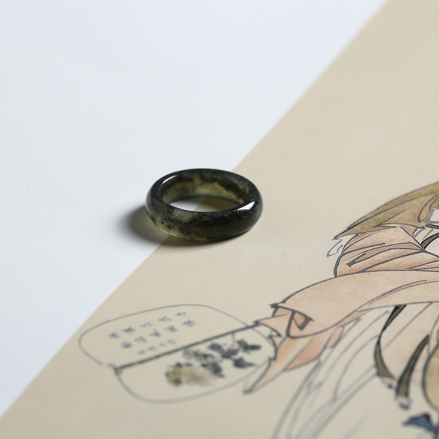 12号戒指 新疆和田玉青花泥鳅背圆弧素圈指环 419