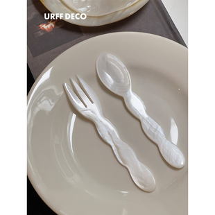 URFF DECO天然珍珠贝母壳叉勺子纯手工异形咖啡勺甜点茶匙婴儿勺