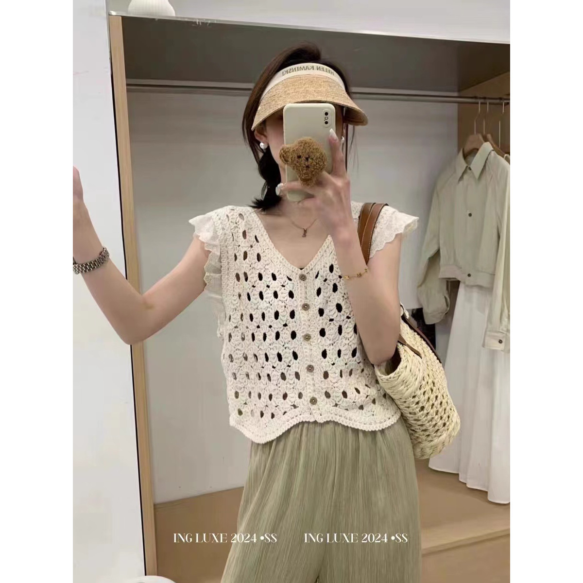 夏季新款韩系钩花缕空蕾丝木耳边上衣宽松无袖坎肩马甲背心女