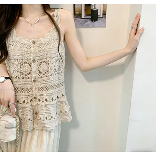 镂空钩花朵荷叶边衣摆吊带娃娃衫背心上衣女