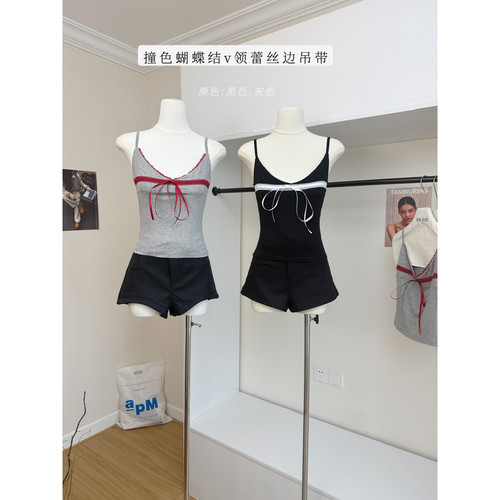 Rase le sol‘Love Cycle’撞色蝴蝶结v领蕾丝边吊带背心辣妹上衣