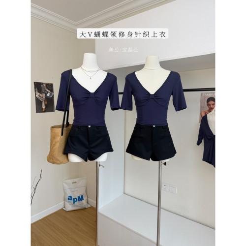 Fart Shop夏初 莱赛尔大V蝴蝶领针织宝蓝色T恤女春夏修身上衣